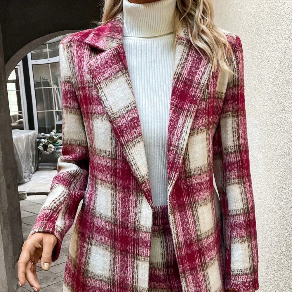 Hot Pink Preppy Womens Plaid Print Lapel Neck Blazer & Shorts - Picture 4 of 5